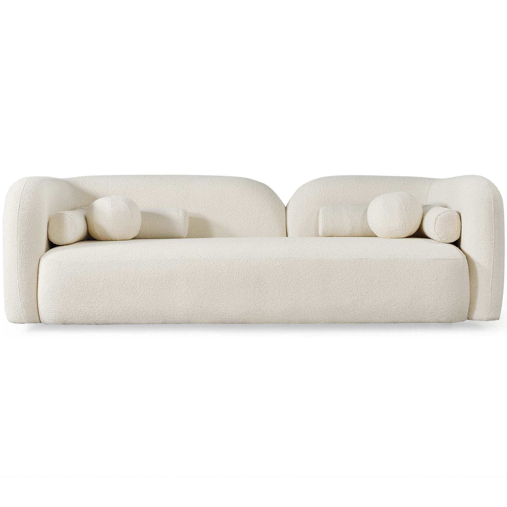 Cream 93-inch Japandi 3-seater sofa in textured boucle fabric, featuring a curved design with round accent pillows.