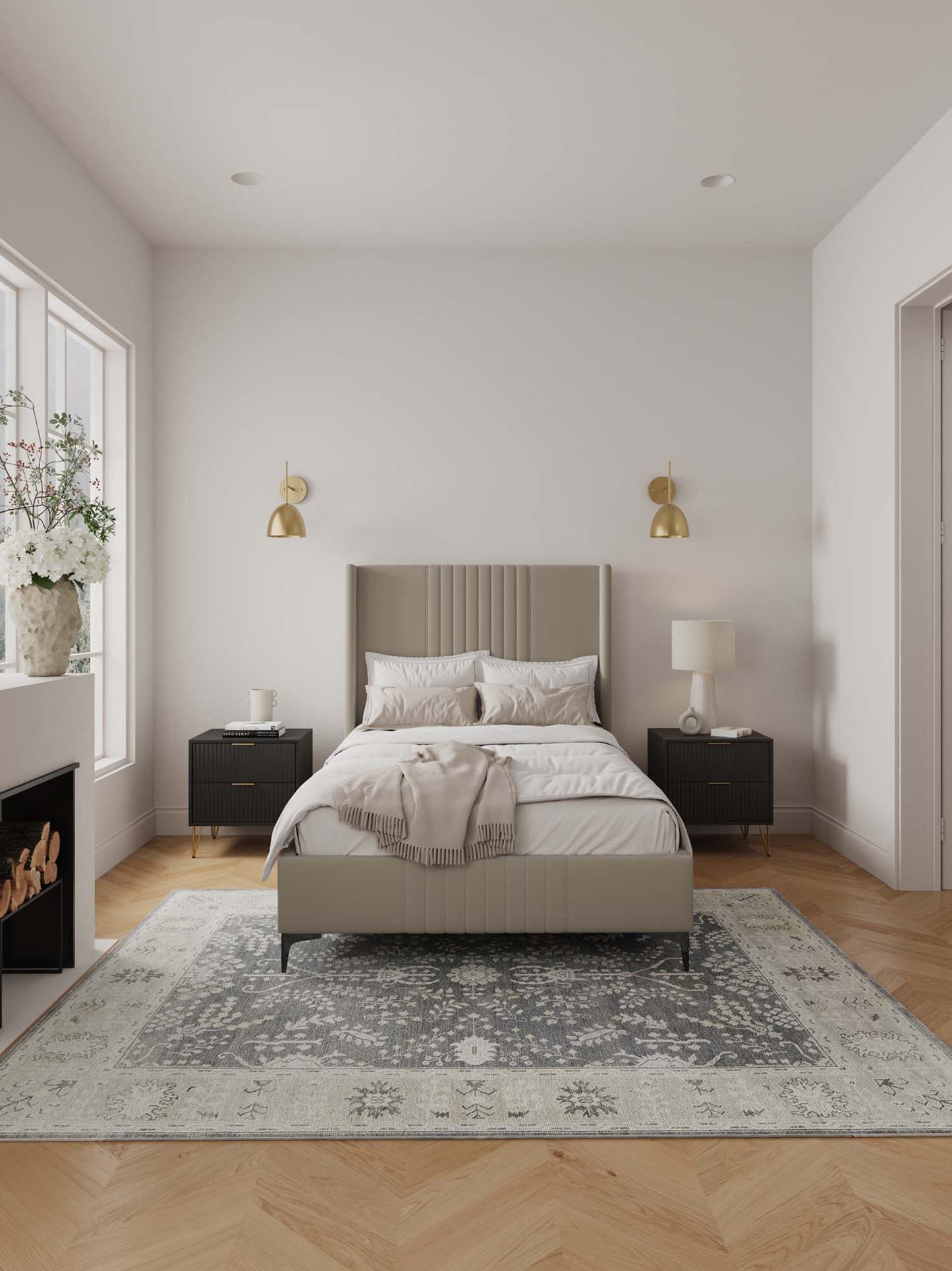 Promenade Upholstered Velvet 48' Bed in Rustic Taupe styled in a modern bedroom with gold sconces and black nightstands.
