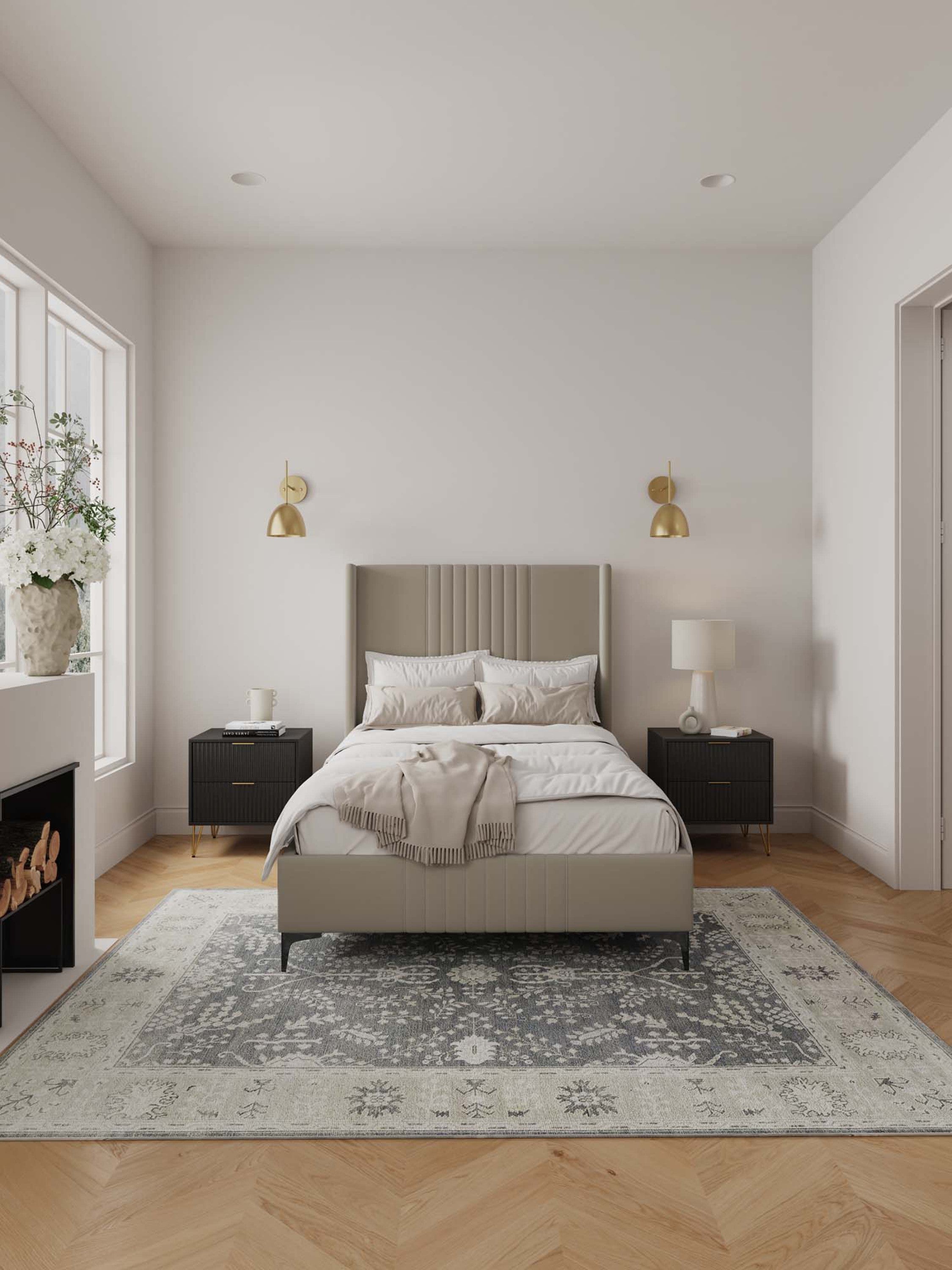 Promenade Upholstered Velvet 48' Bed in Rustic Taupe styled in a modern bedroom with gold sconces and black nightstands.