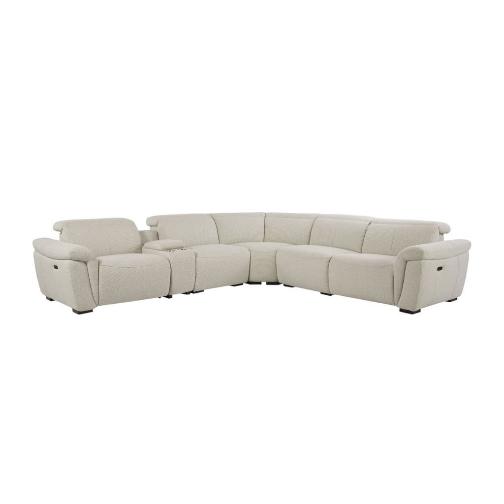 Beige boucle power motion sectional sofa featuring adjustable headrests, integrated cup holders, and a curved design.