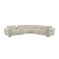 Beige boucle power motion sectional sofa featuring adjustable headrests, integrated cup holders, and a curved design.