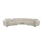 Beige boucle power motion sectional sofa featuring adjustable headrests, integrated cup holders, and a curved design.