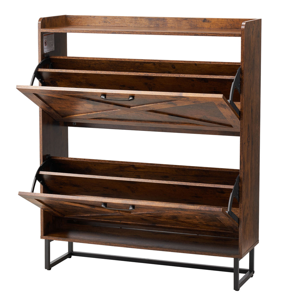Farmhouse brown shoe cabinet with two open flip drawers, X-pattern detailing, and a black metal frame base.