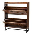 Farmhouse brown shoe cabinet with two open flip drawers, X-pattern detailing, and a black metal frame base.