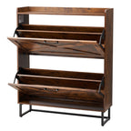 Farmhouse brown shoe cabinet with two open flip drawers, X-pattern detailing, and a black metal frame base.