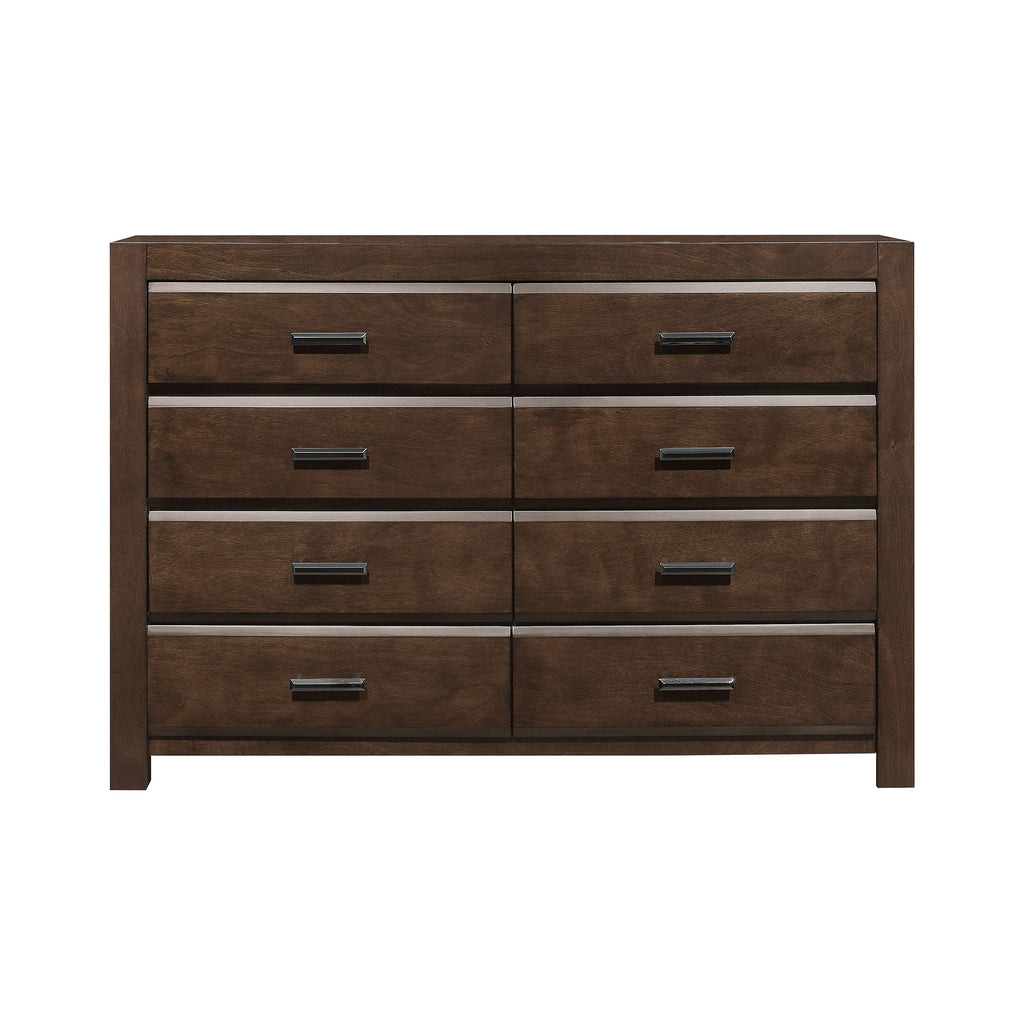 Contemporary espresso wooden dresser with eight drawers, bold framing, and sleek silver metallic drawer accents.