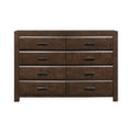 Contemporary espresso wooden dresser with eight drawers, bold framing, and sleek silver metallic drawer accents.