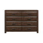 Contemporary espresso wooden dresser with eight drawers, bold framing, and sleek silver metallic drawer accents.
