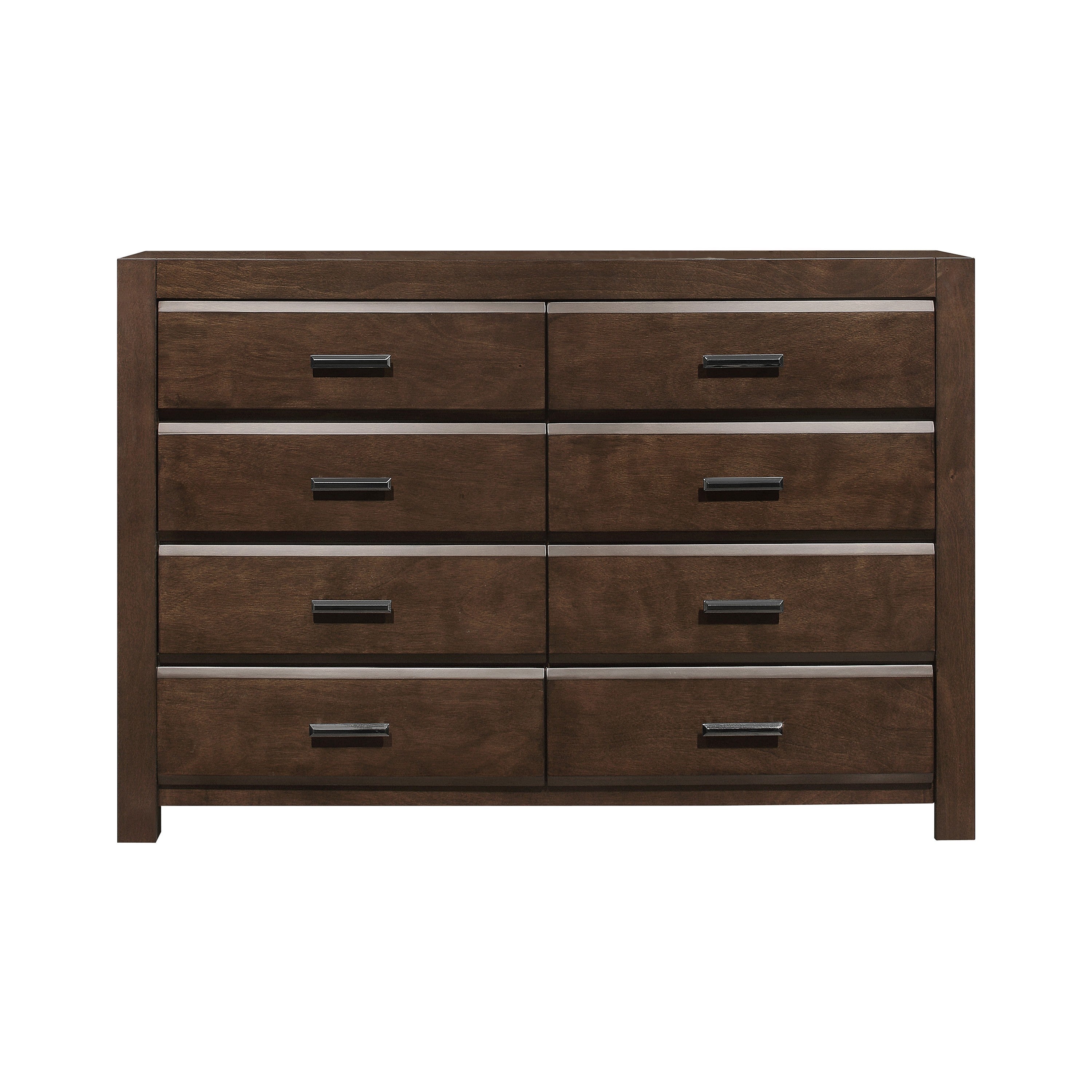 Contemporary espresso wooden dresser with eight drawers, bold framing, and sleek silver metallic drawer accents.