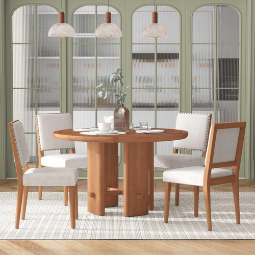 TREXM 5-Piece Round Dining Table Set for 4, Minimalist Farmhouse Dining Table with 4 Solid Wood Upholstered Chairs, Kitchen & Dining Room Sets (Brown).
