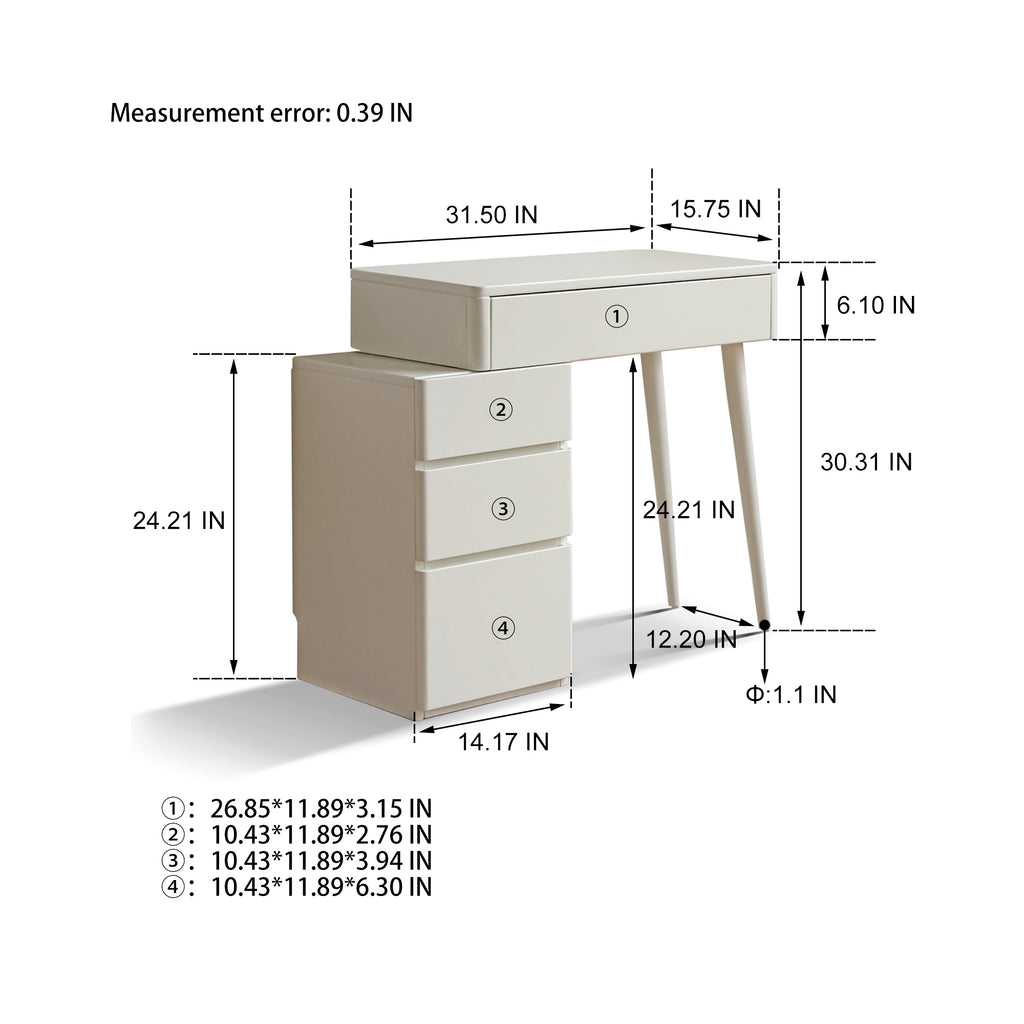 White Solid Wood Dresser Table - Liriodendron Design with detailed dimensions for drawers, tabletop, and overall height for accurate fitting.