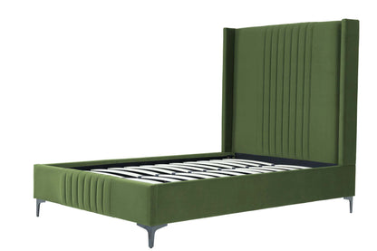 Angled view of Moss Green 48' Velvet Bed frame with exposed pine wood slats and vertical channeled headboard.