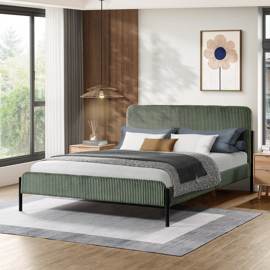 Green Corduroy Queen Upholstered Bed With Metal Leg