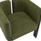 Close-up of olive green boucle seat and curved backrest on modern dining chair, emphasizing comfort and stylish texture.