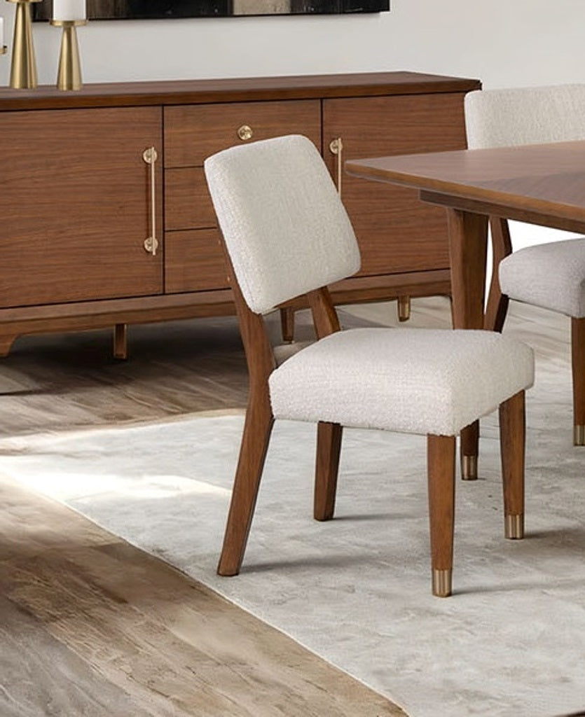 2pc Side Chair - Mid-Century Modern | Walnut, Gold-Leg set in dining room with wood buffet and table, featuring soft beige upholstery and gold-capped legs.