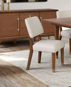 2pc Side Chair - Mid-Century Modern | Walnut, Gold-Leg set in dining room with wood buffet and table, featuring soft beige upholstery and gold-capped legs.