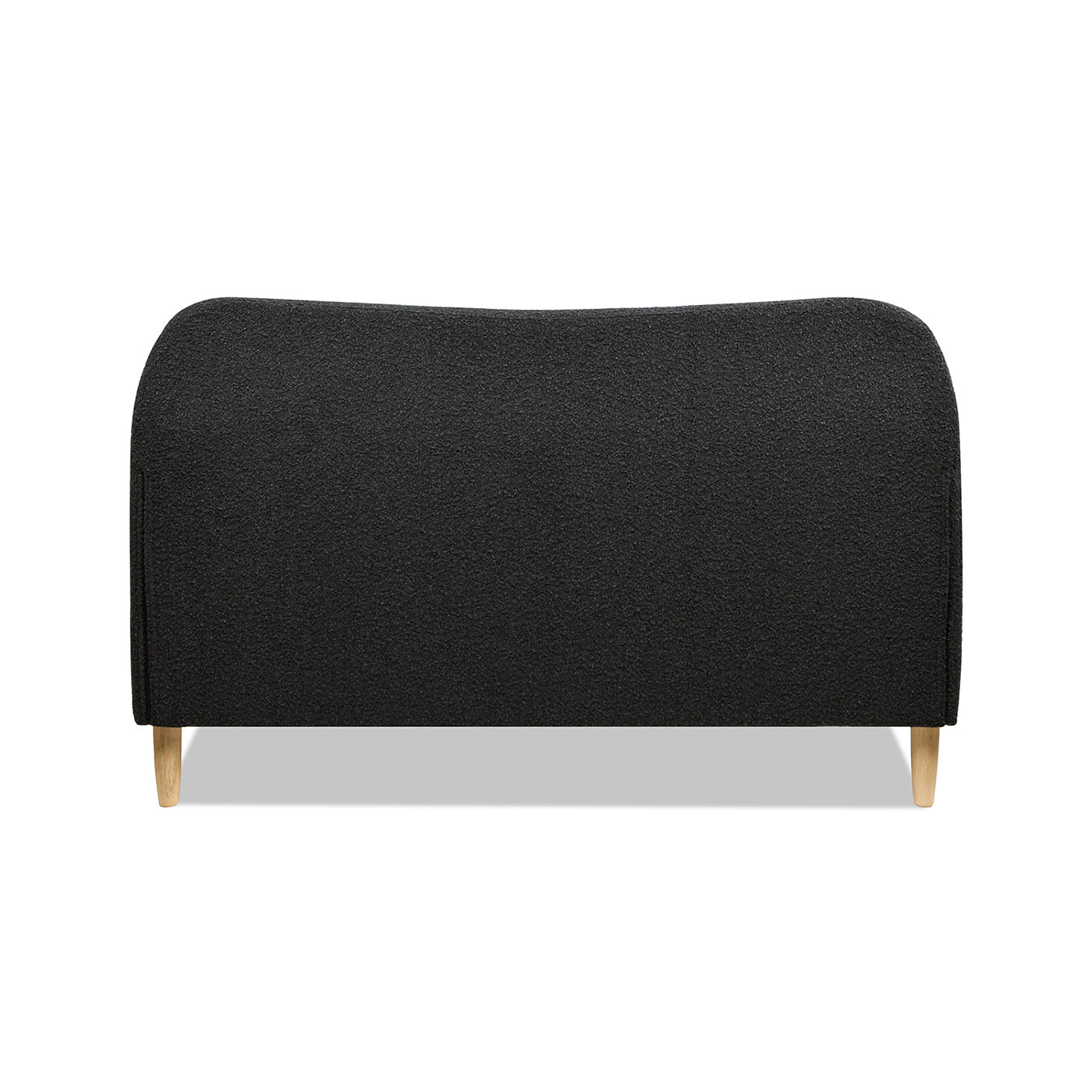 Back view of Curved Upholstered Platform Bed Queen, Ebony Black Boucle highlighting the smooth, rounded headboard silhouette.