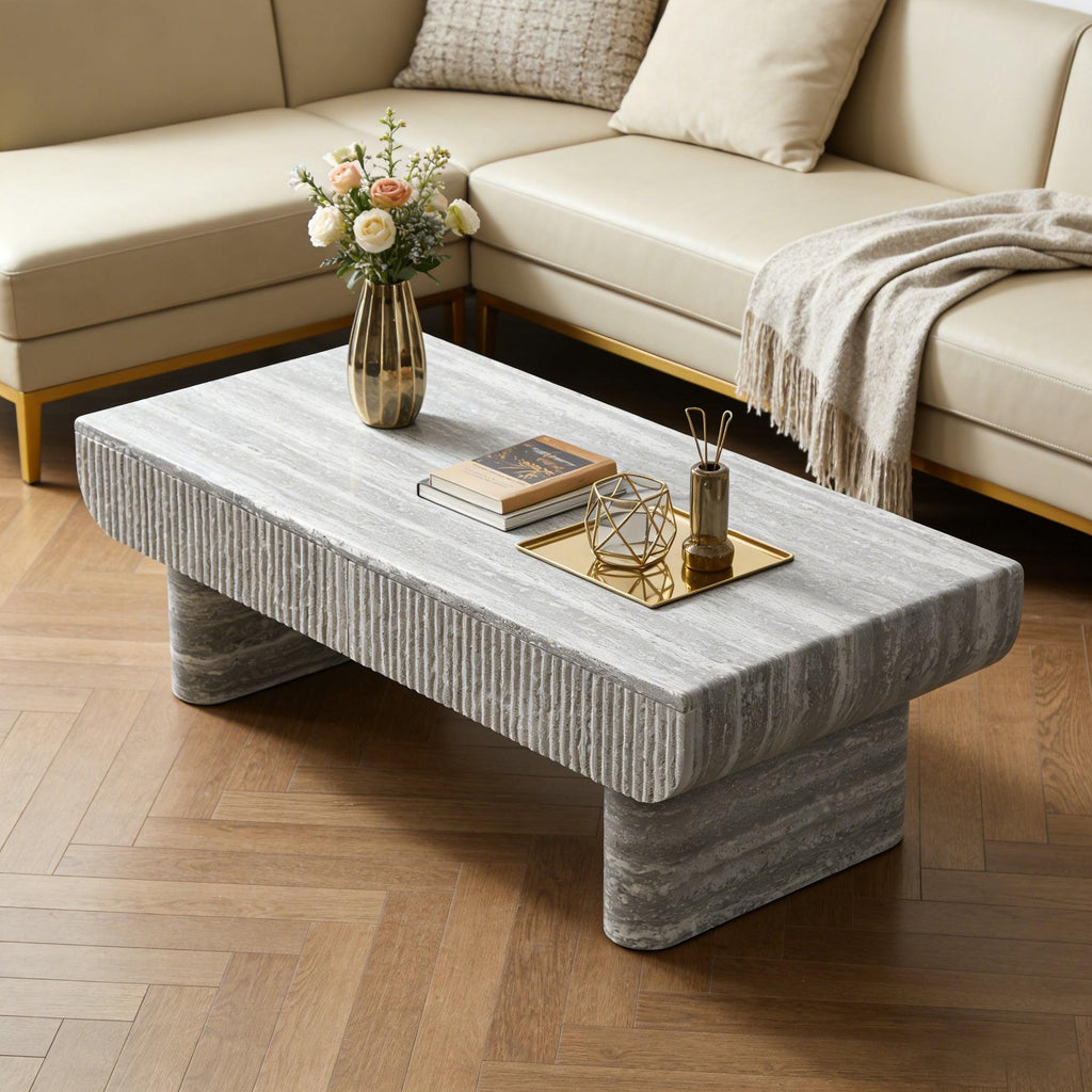 Mid Century Modern Coffee Table with Grey Wood Texture.