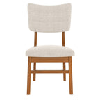 Front view of a Mid-Century Modern Dining Chair with beige upholstery and a sturdy rubberwood frame.