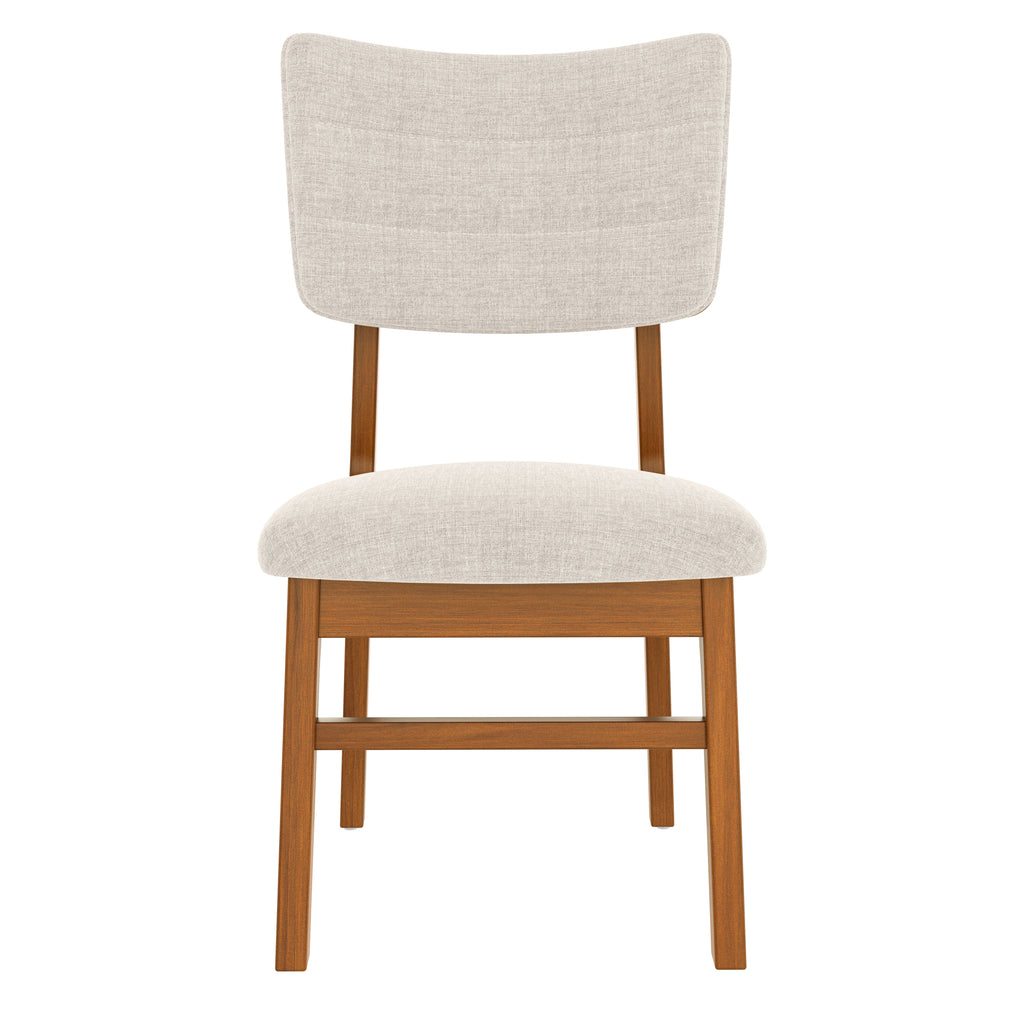 Single upholstered dining chair from farmhouse table set with ergonomic backrest and sturdy rubberwood frame for comfort and support.