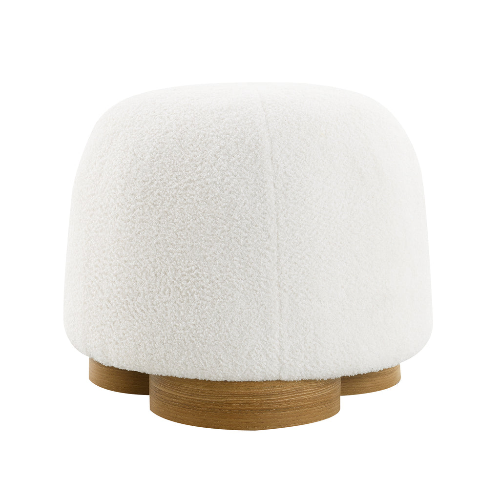 Modern round white teddy fabric ottoman with a cushioned seat and a decorative light wood plywood base.