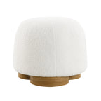 Modern round white teddy fabric ottoman with a cushioned seat and a decorative light wood plywood base.