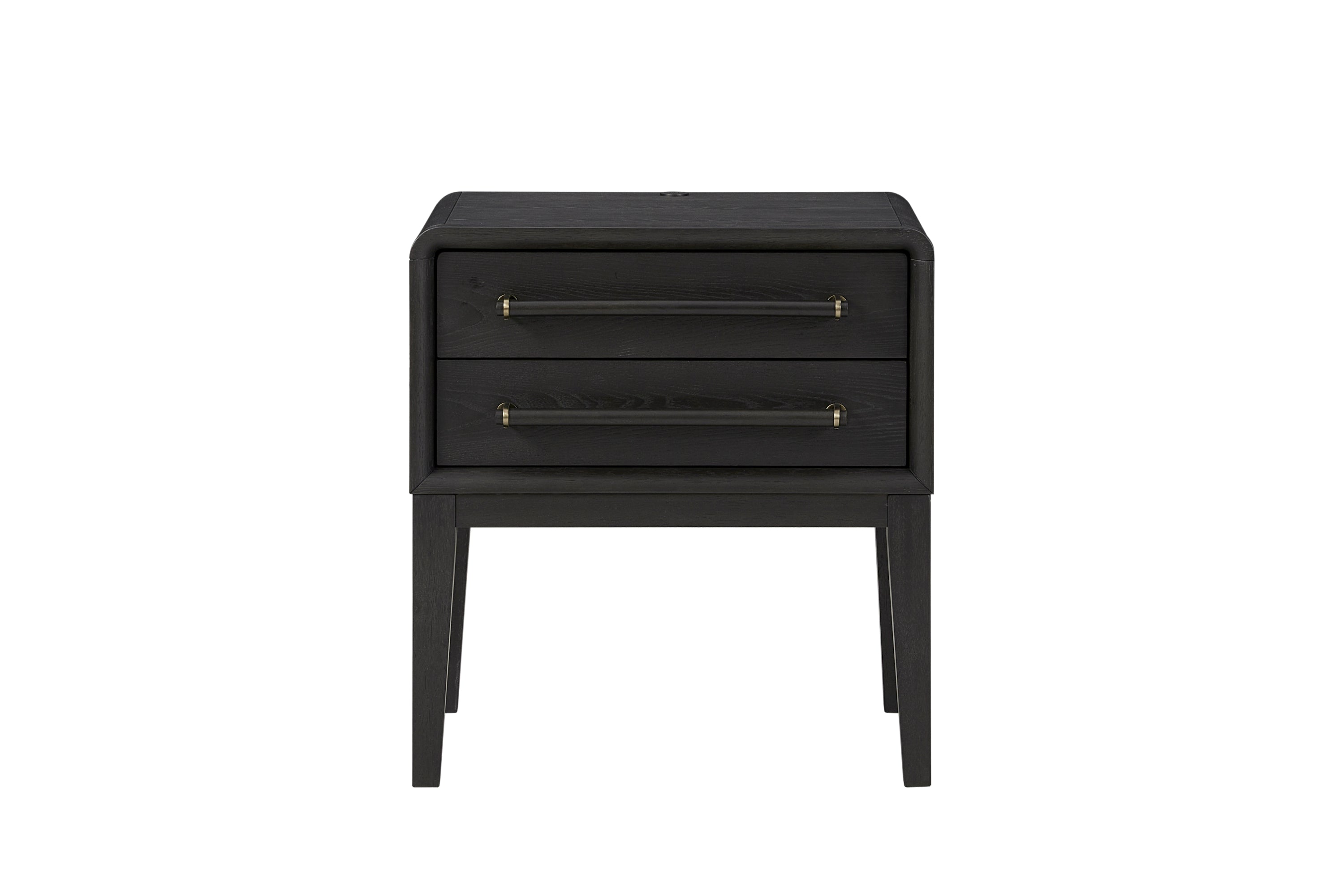 Small nightstand in black wood finish with two drawers and slim brass-accented handles. Ideal for modern bedroom furniture setups.