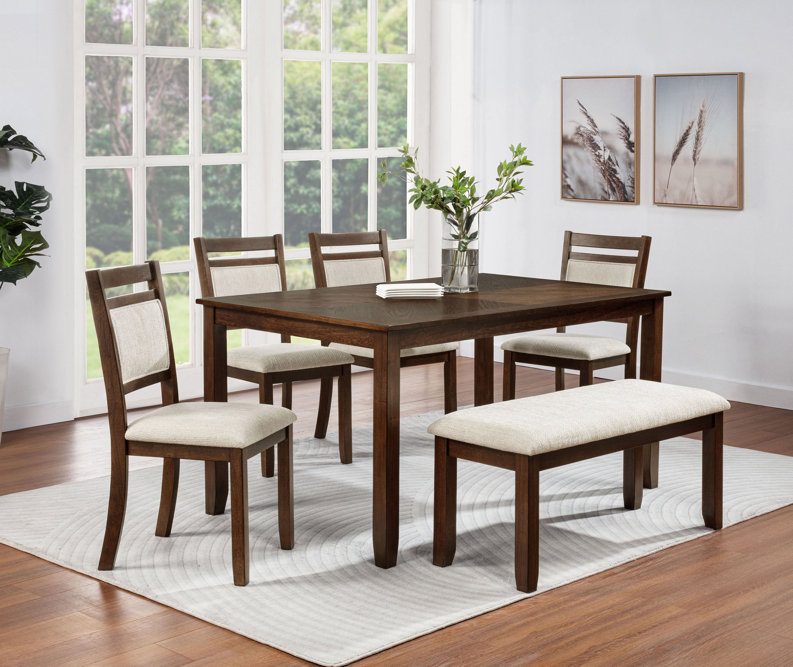 Dining Room Bench - Contemporary Wood Finish paired with matching table and chairs, enhancing a bright, modern dining room setup.