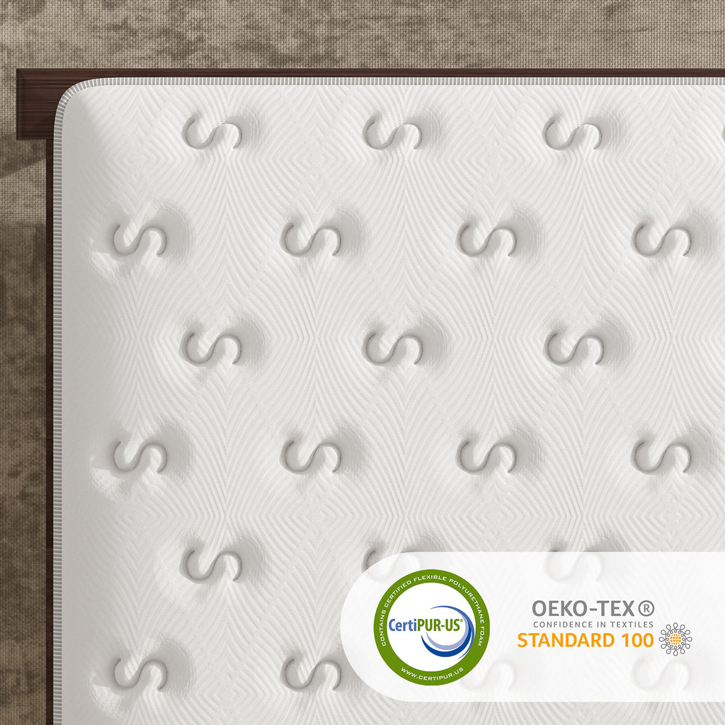 Top view of King Hybrid Mattress with CertiPUR-US and OEKO-TEX Standard 100 certifications, highlighting safe and eco-friendly materials.