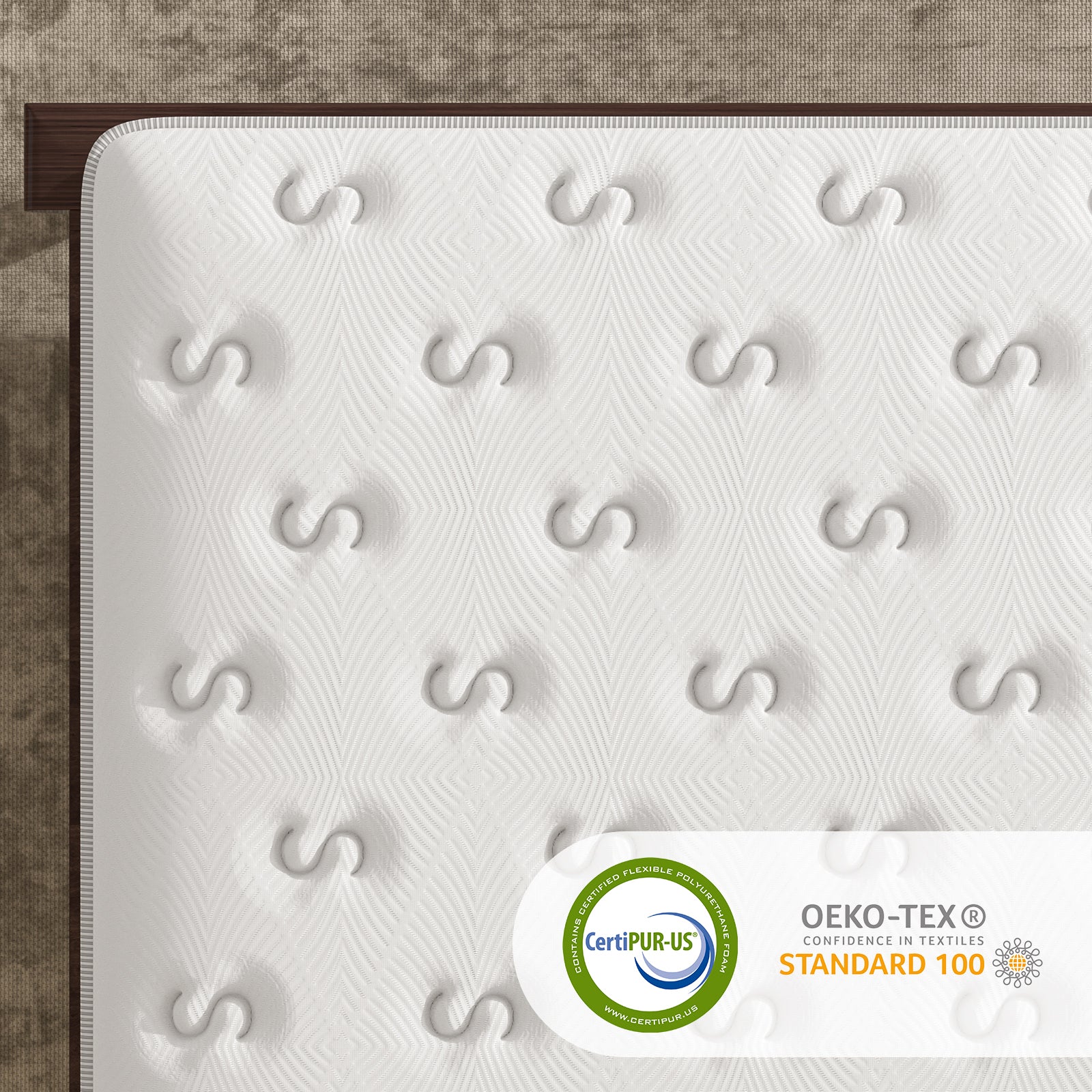 Top view of King Hybrid Mattress with CertiPUR-US and OEKO-TEX Standard 100 certifications, highlighting safe and eco-friendly materials.