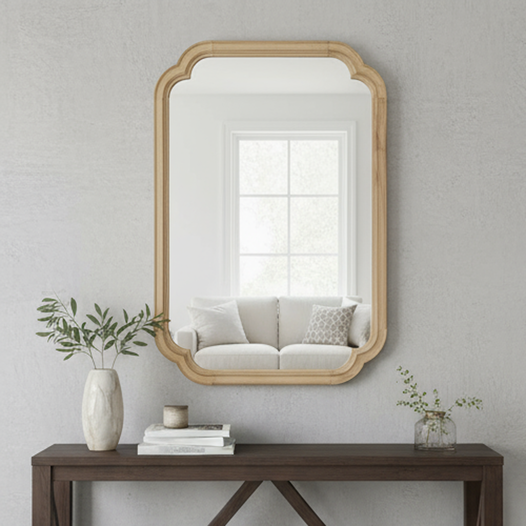 Natural Wood Color 24' x 36' Solid Wood Frame Rounded Corner Decorative Mirror, For Bedroom, Bathroom, Living Room, Entryway
