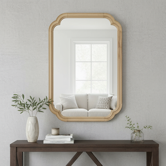 Natural Wood Color 24' x 36' Solid Wood Frame Rounded Corner Decorative Mirror, For Bedroom, Bathroom, Living Room, Entryway