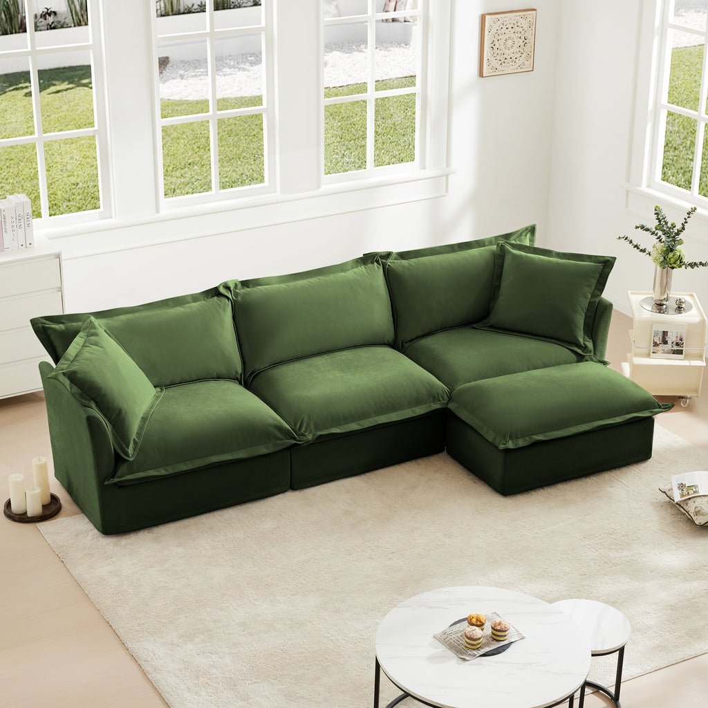 Green Chenille L-Shaped Sectional Sofa with Convertible Ottoman