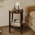 2-Tier Round Wood End Table with Rattan Shelf in Black & Brown