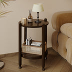 2-Tier Round Wood End Table with Rattan Shelf in Black & Brown