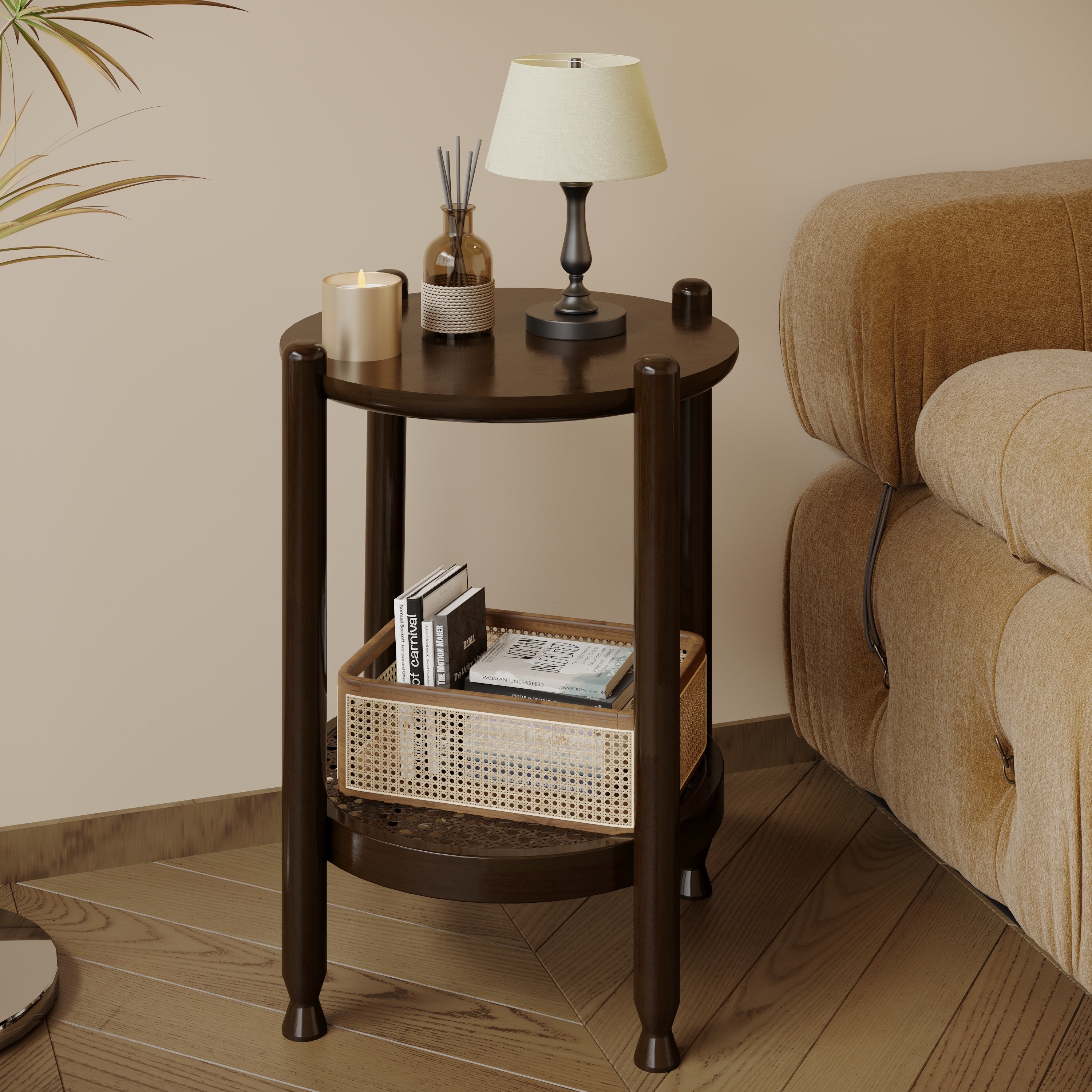 2-Tier Round Wood End Table with Rattan Shelf in Black & Brown