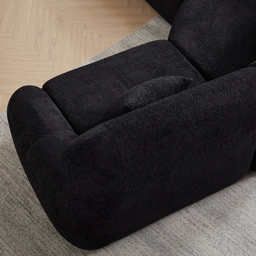 Close-up of Modern Black Modular Sofa - Luxury Chenille seat with soft texture and armrest, showcasing premium comfort and craftsmanship.