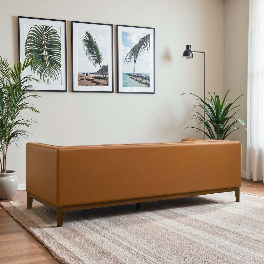 Modern Vegan Leather Mid-Century Cognac Sofa.