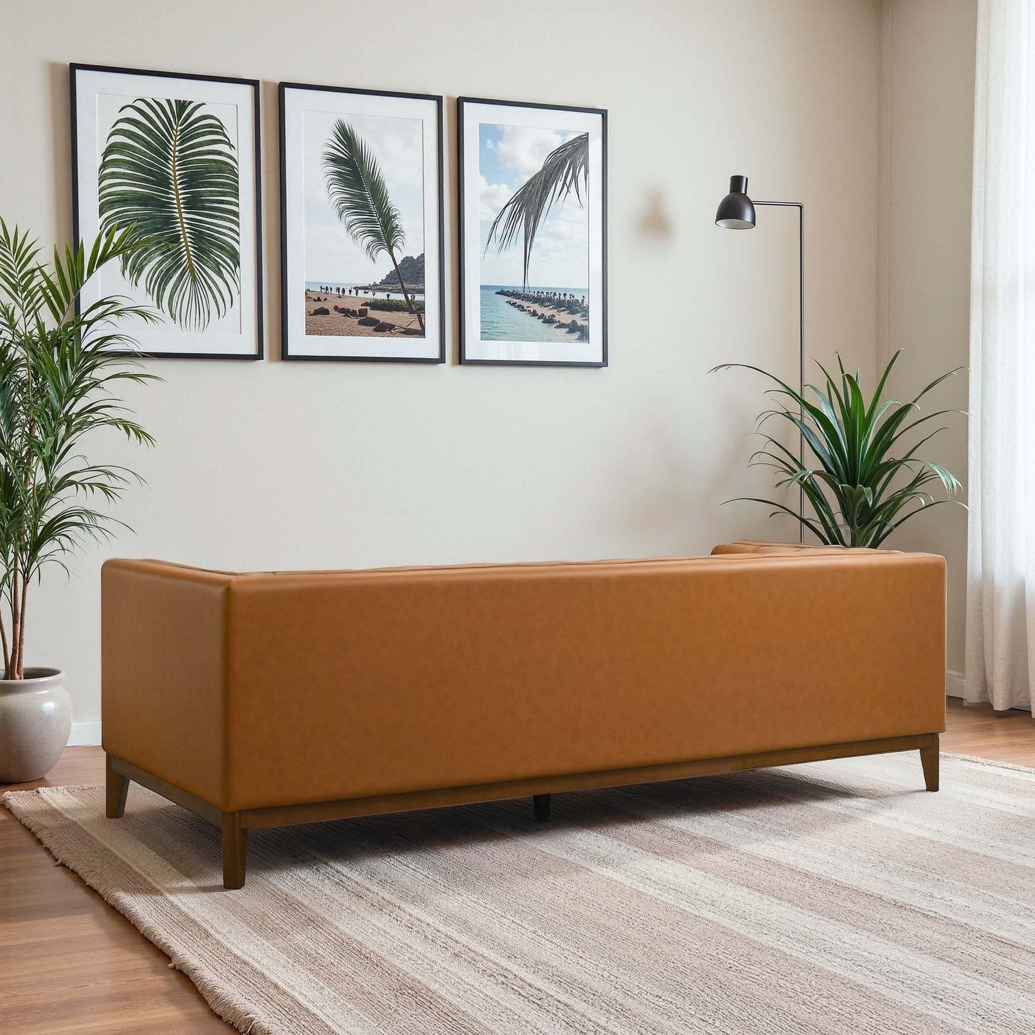 Modern Vegan Leather Mid-Century Cognac Sofa.