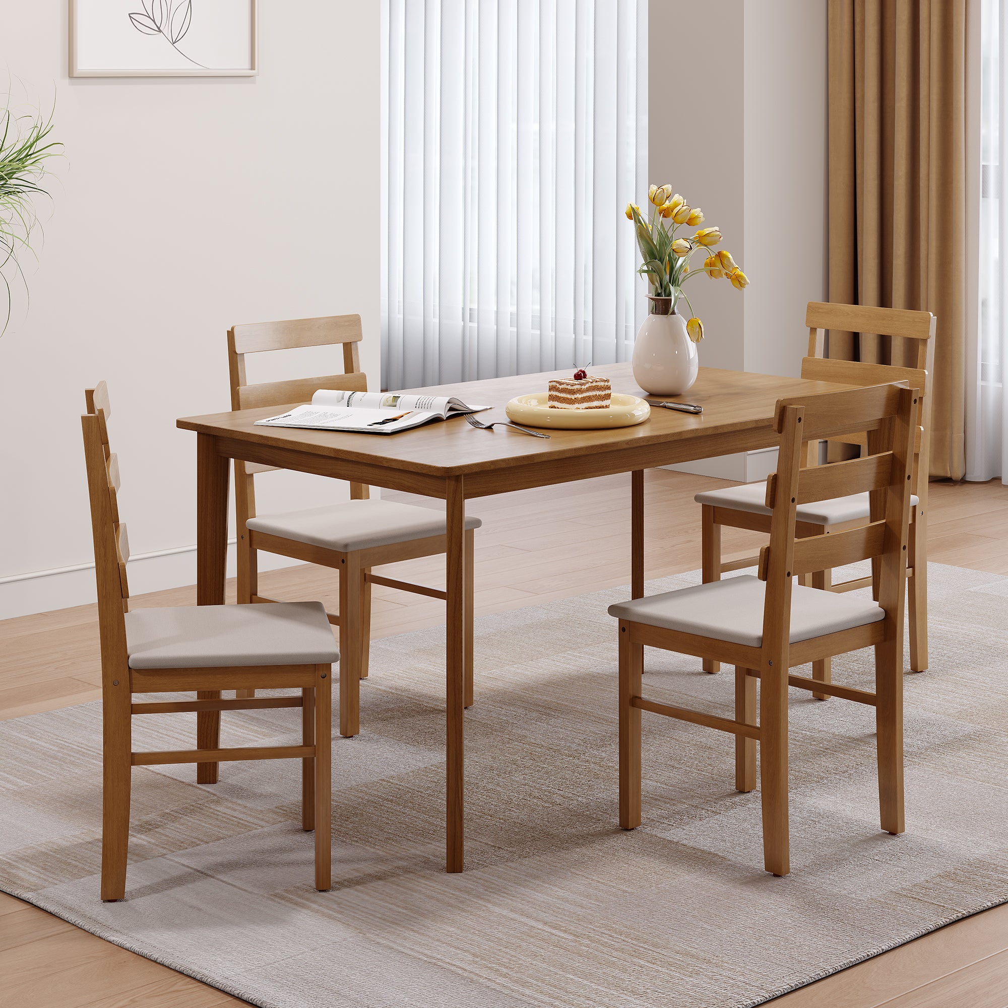 Solid wood dining table set with 4 chairs in a modern dining room. Features a sturdy, durable design with natural wood finish and cushioned seats.
