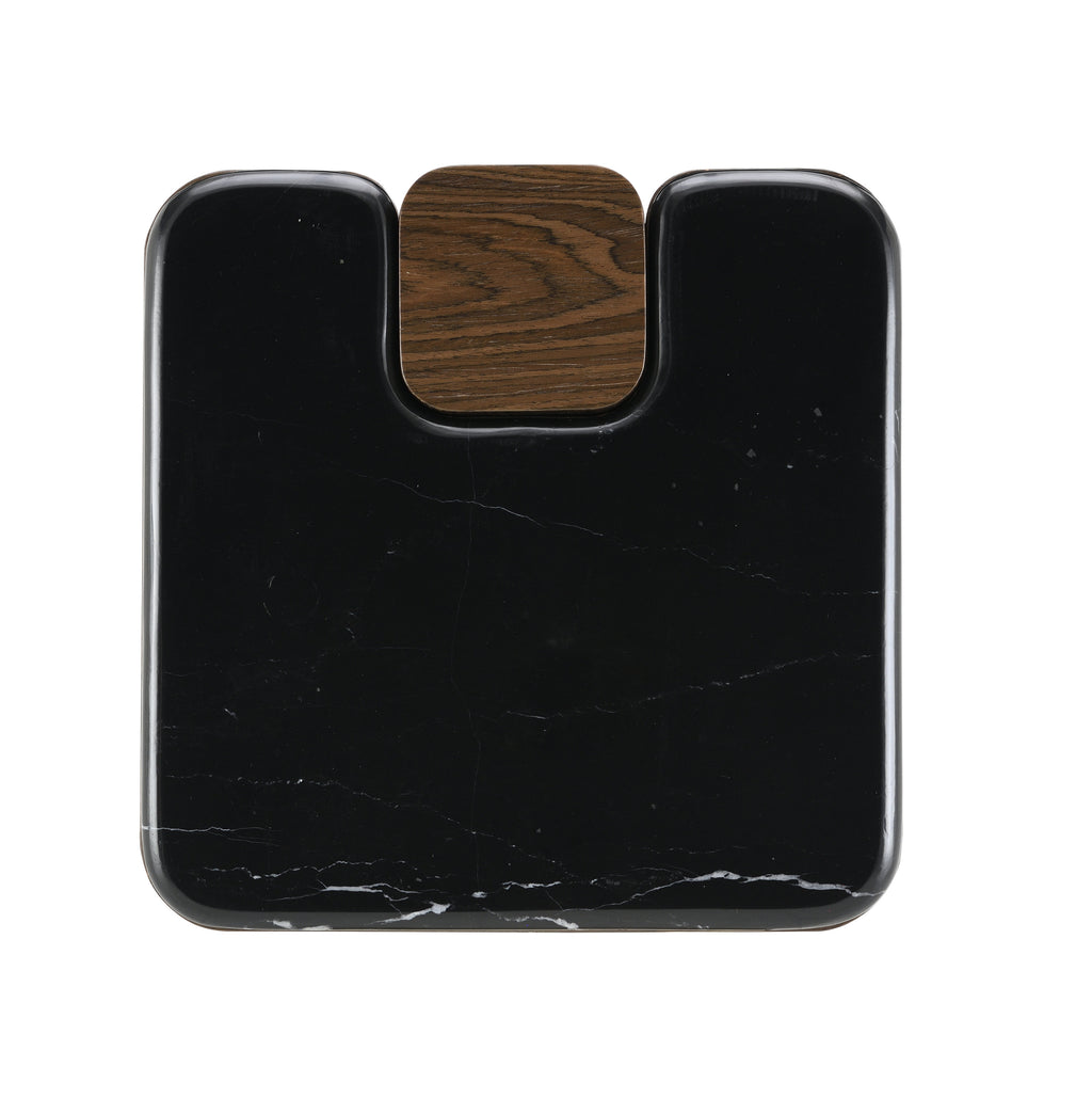 Top-down view of Dana Marble Top End Table showing the smooth black marble surface with a walnut wood inset corner for visual contrast.
