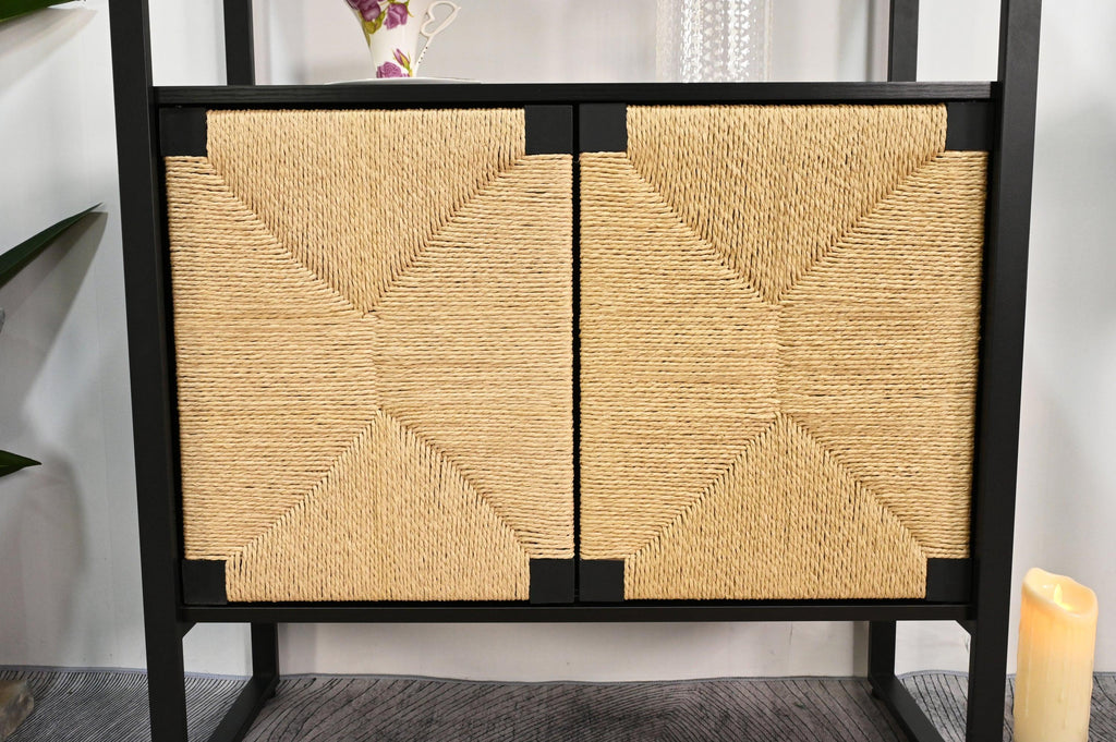 Rattan Cabinet Storage Bookshelf - Dual-Function Display Shelf.