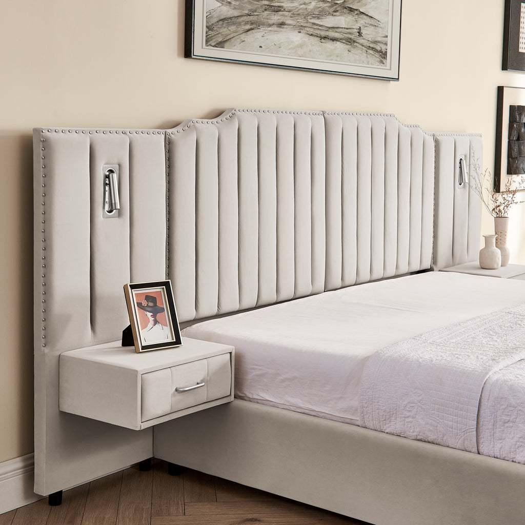 Close-up of vertical stripe headboard with built-in nightstand and reading light on king upholstered bed frame for modern bedrooms.