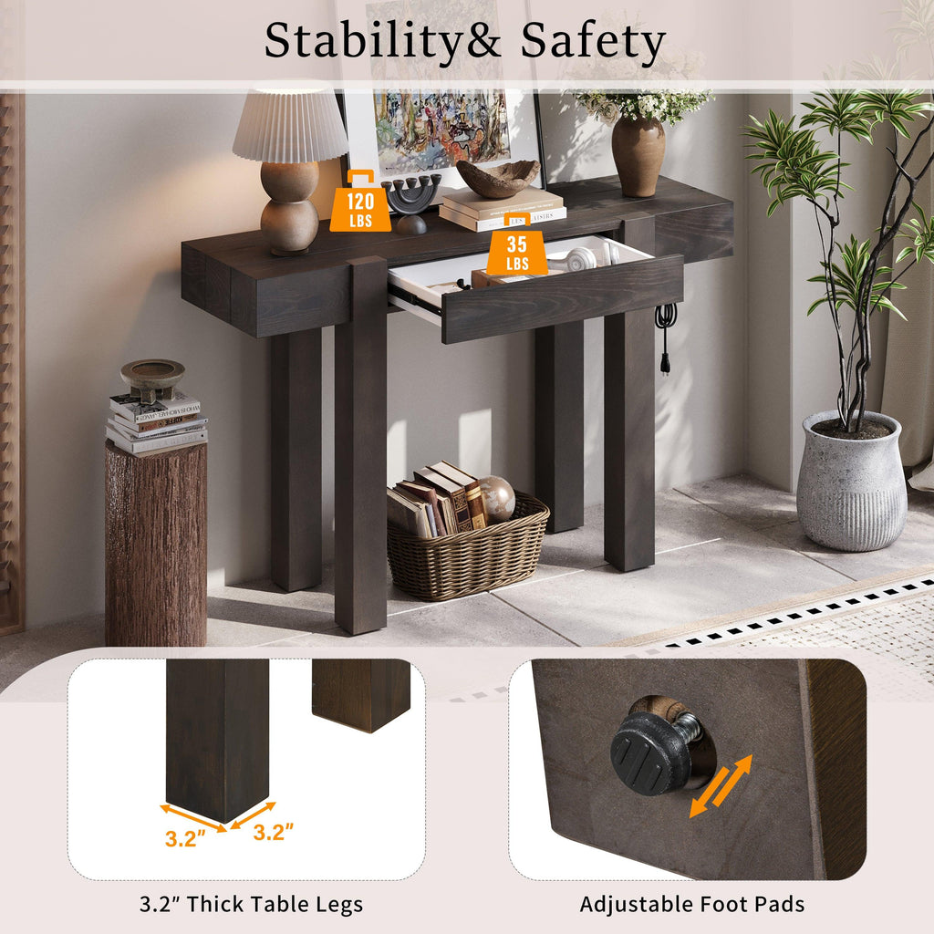 Rustic Console Table with Power Outlet and Hidden Drawer.