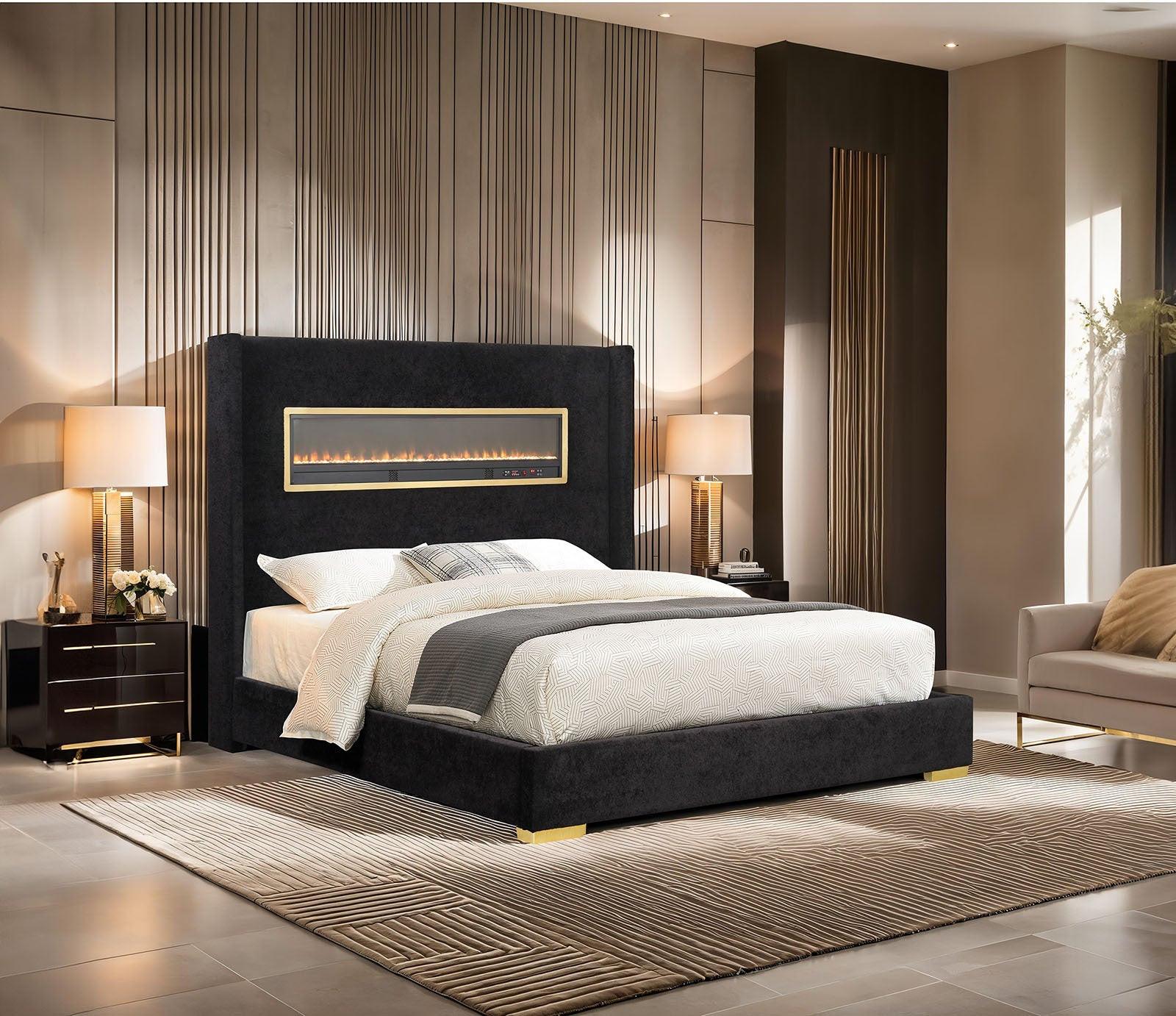 Contemporary Style Black Color 1pc Queen Size Bed Upholstered Fabric Bedframe Bedroom Furniture 3D Fireplace HB.
