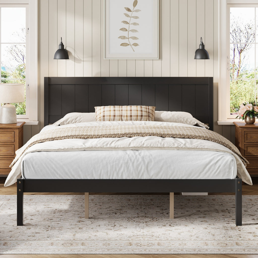 King Espresso Pine Platform Bed Frame with Headboard