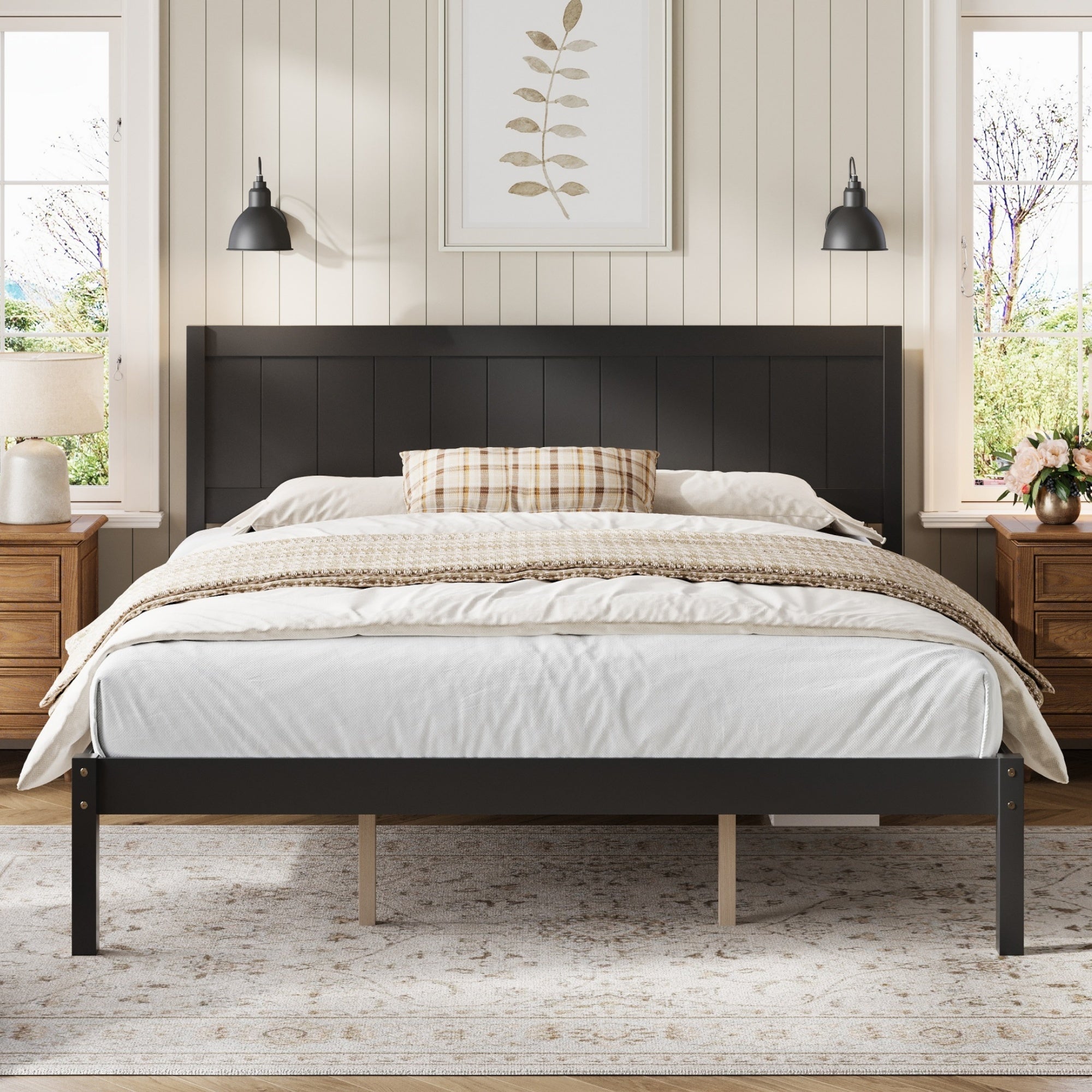 King Espresso Pine Platform Bed Frame with Headboard