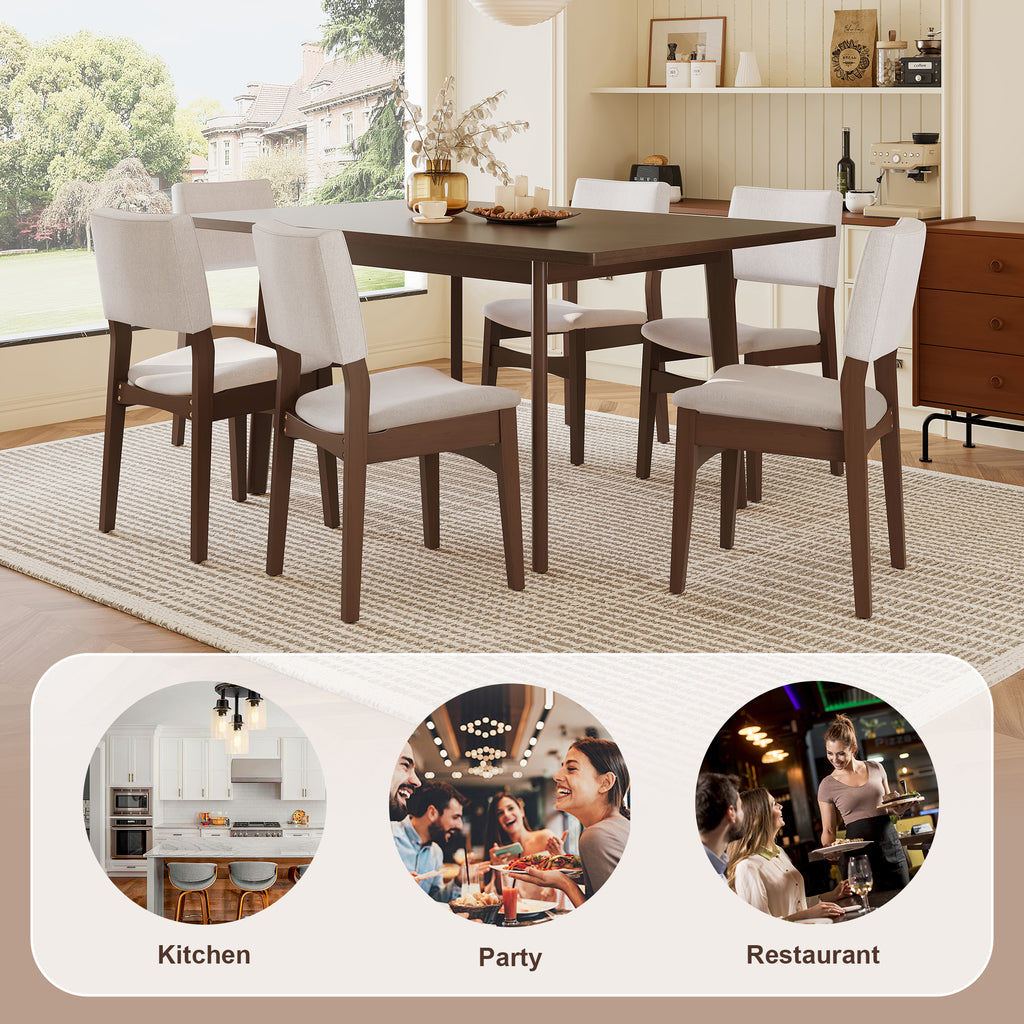 Modern Walnut Finish Dining Set shown in kitchen, party, and restaurant settings, highlighting its versatile use and stylish appeal.