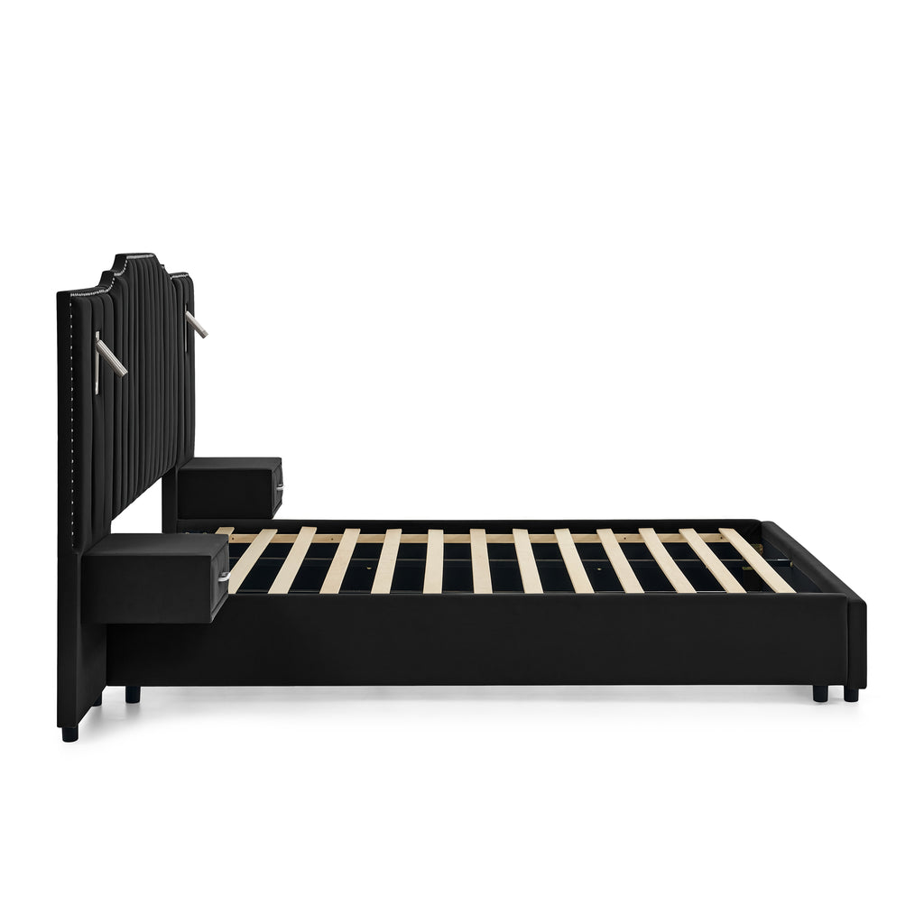 Side profile of queen upholstered bed frame with velvet finish and slatted base, featuring integrated bedside tables.