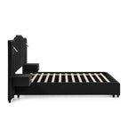 Side profile of queen upholstered bed frame with velvet finish and slatted base, featuring integrated bedside tables.